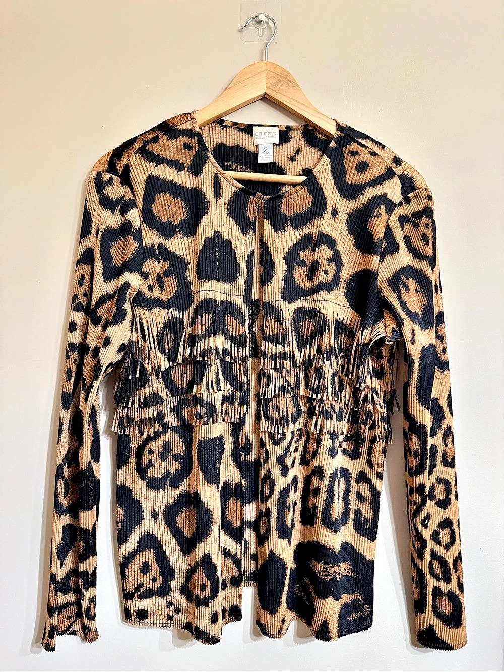 Chico's Animal Print Pleated Blouse Brown & Black Size 2 Cowgirl